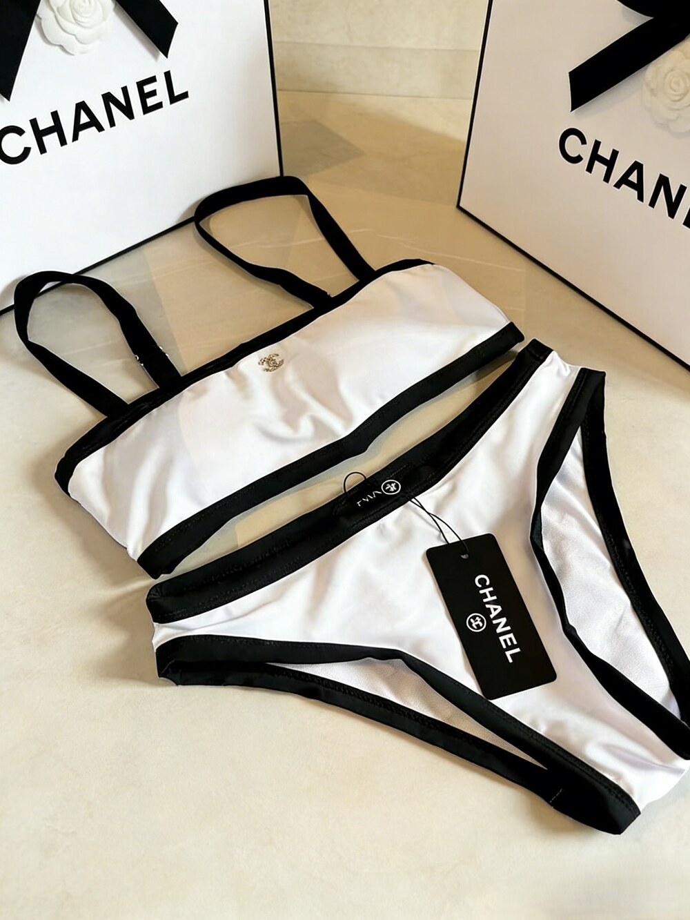 Chanel White Contrast Bikini Set